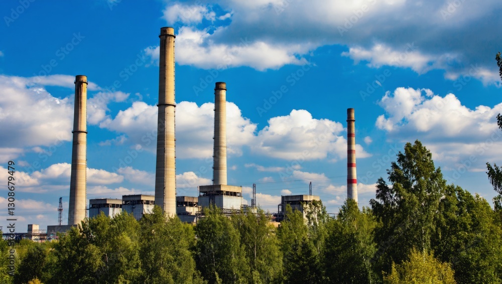 A large industrial power plant features several tall smokestacks rising above a dense grove of trees. The sky is bright and filled with fluffy clouds, indicating a clear day A large industrial power plant features several tall smokestacks rising above a dense grove of trees. The sky is bright and filled with fluffy clouds, indicating a clear day