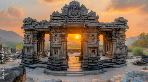Ancient Temple Gate: An intricately carved stone gateway of an ancient temple stands majestically against the backdrop of a vibrant sunset. 