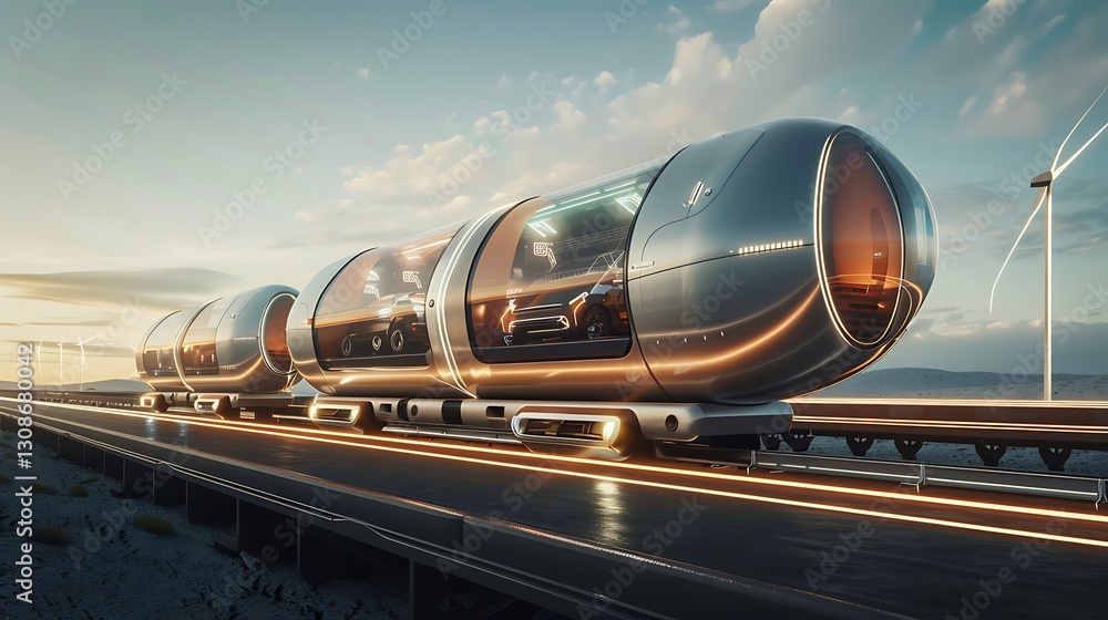 Obraz premium Futuristic Transport System with Sleek Capsules on Elevated Track Under Bright Sky