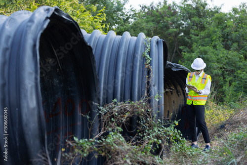 Photography A female engineer wearing a safety vest and hard hat inspects and takes notes on abandoned, damaged plastic pipes in an overgrown outdoor area