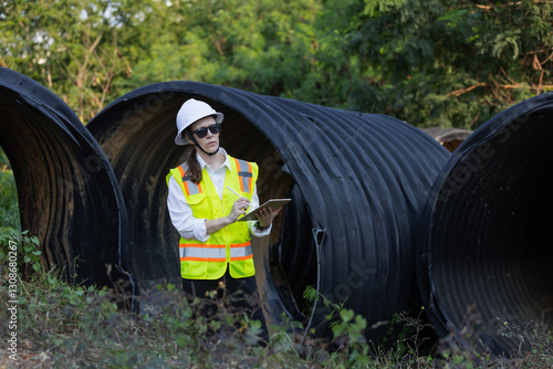 A female engineer inspects a damaged large drainage pipe outdoors. She wears a safety vest, hard hat, and sunglasses while taking notes. The pipe is deformed, possibly marked for dismantling