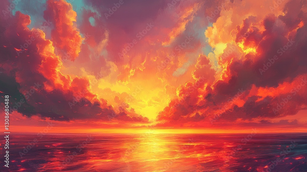 Naklejka premium A vibrant sunset scene with fiery orange and pink clouds stretching across the sky over a vast, shimmering ocean horizon