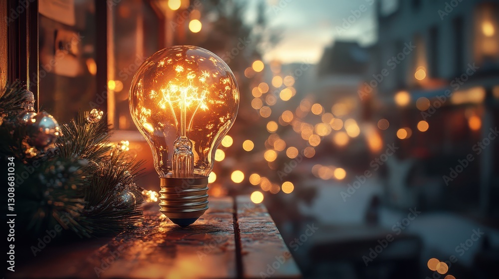 Glowing light bulb with bokeh lights in cozy evening urban setting Glowing light bulb with bokeh lights in cozy evening urban setting
