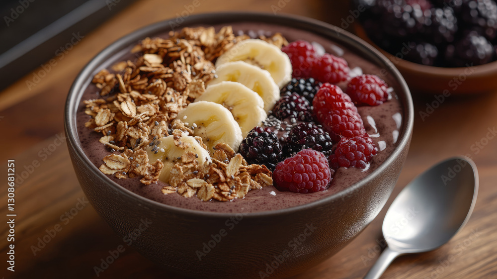 Acai bowl with granola, banana, raspberries, and blackberries. Acai bowl with granola, banana, raspberries, and blackberries.