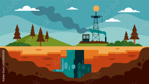The vast expanse of the fracking site gives off a feeling of desolation and destruction far from the peacefulness of nature.. Vector illustration