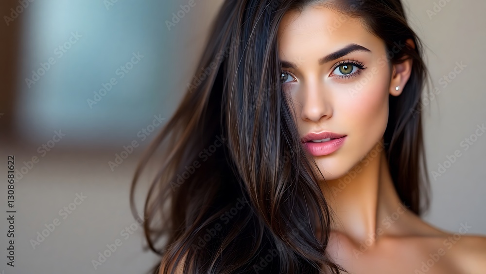 Stunning Young Woman with Long Dark Hair and Brown Eyes, Gazing at the Camera Stunning Young Woman with Long Dark Hair and Brown Eyes, Gazing at the Camera