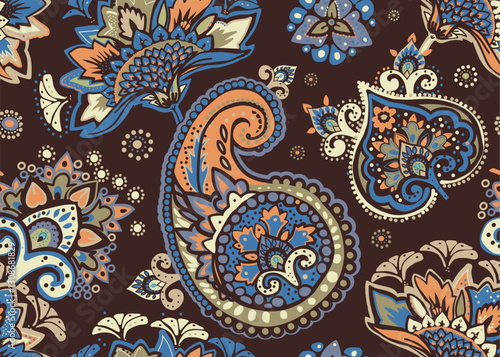 Seamless paisley pattern in Oriental style with floral and ethnic motifs for printed fabric, wallpaper, and packaging