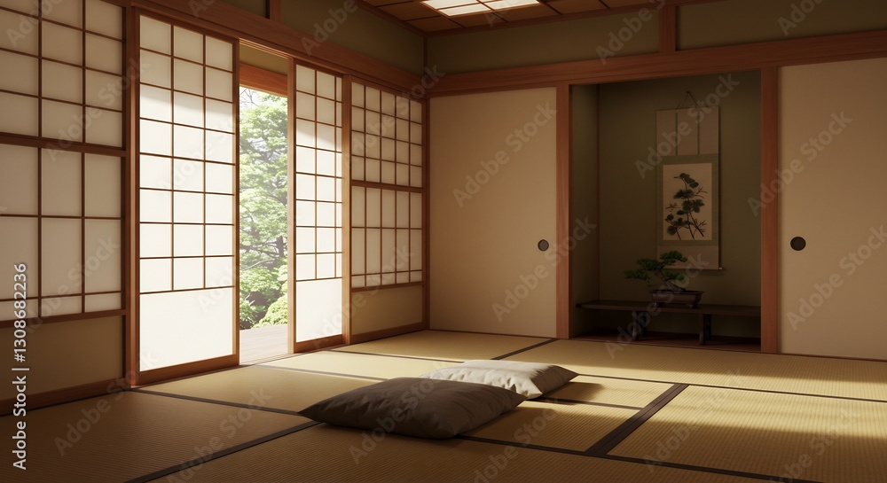Serene Japanese Room Soft Light Peaceful Design. AI Generated Serene Japanese Room Soft Light Peaceful Design. AI Generated