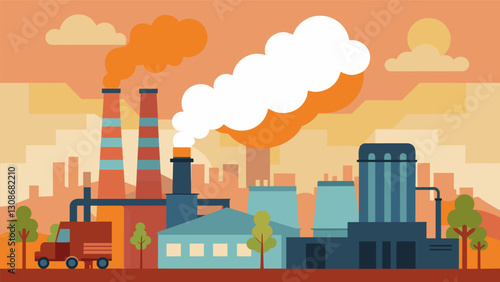 Through the haze of heat and smoke the steady drone of machinery can be heard emanating from the bustling thermal power station.. Vector illustration