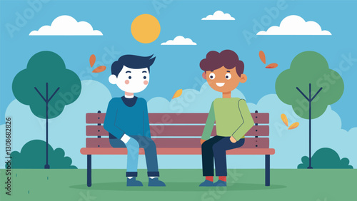 While waiting for their turn on the swings two friends sit on the friendship bench and take turns telling each other silly jokes and riddles.. Vector illustration