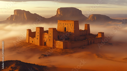 Ancient Fortress in Desert: A majestic ancient fortress rises from the golden sands of a vast desert, enveloped in a mystical haze under a dramatic sky, showcasing history and grandeur.