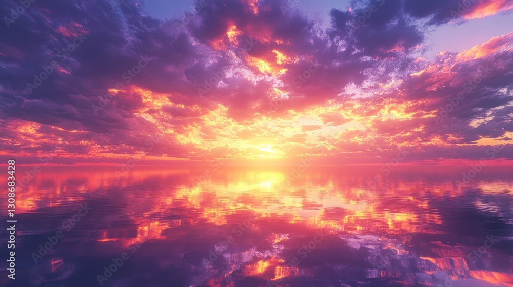 Fototapeta premium A dramatic sky at sunset with clouds glowing in warm hues of orange and purple, casting reflections on the endless ocean below