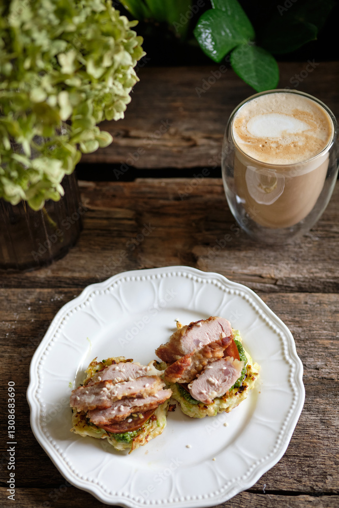 Draniki with turkey, tomato and pesto sauce
Draniki with turkey, tomato and pesto sauce
