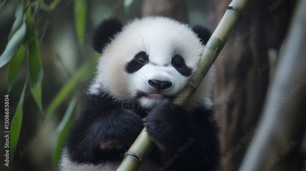 A cute panda munching on bamboo, surrounded by lush greenery, showcasing its playful and gentle nature. A cute panda munching on bamboo, surrounded by lush greenery, showcasing its playful and gentle nature.