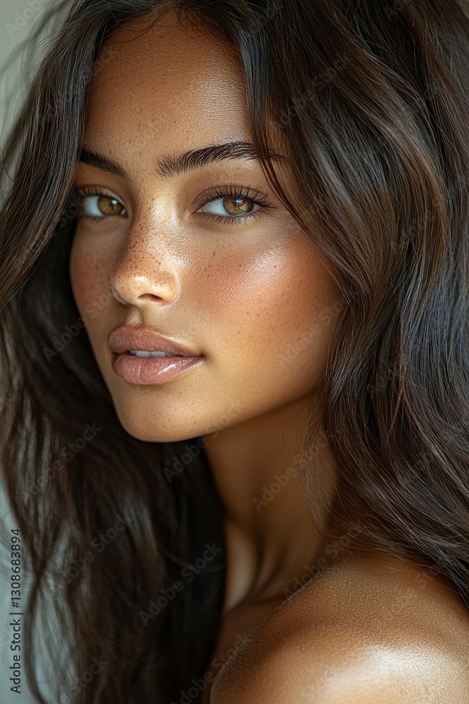 Obraz premium Portrait of a young woman with long hair and natural soft makeup
