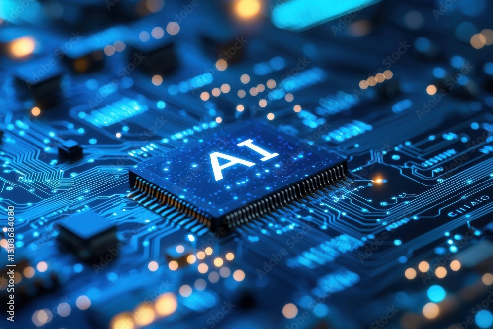 Futuristic glowing AI chip on electronic circuit board showcasing advanced technology Futuristic glowing AI chip on electronic circuit board showcasing advanced technology