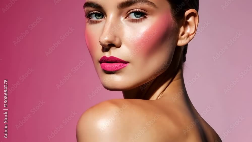 Elegant model showcasing bold makeup on gradient pink background Elegant model showcasing bold makeup on gradient pink background