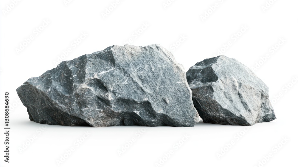 Three large, grey rocks arranged in a horizontal row against a plain white background. Three large, grey rocks arranged in a horizontal row against a plain white background.