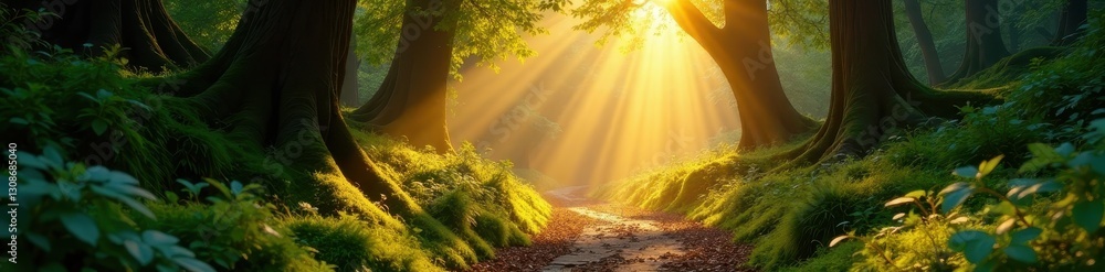 Golden light streams through canopy, mossy path winds onward , winding path, moss, shadows Golden light streams through canopy, mossy path winds onward , winding path, moss, shadows
