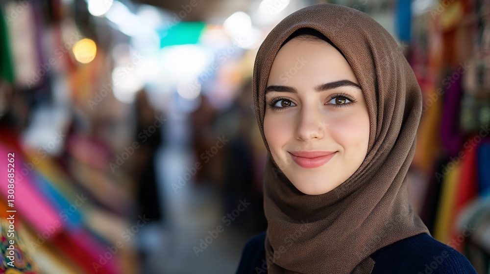 Smiling Young Woman in Hijab Marketplace Portrait Smiling Young Woman in Hijab Marketplace Portrait