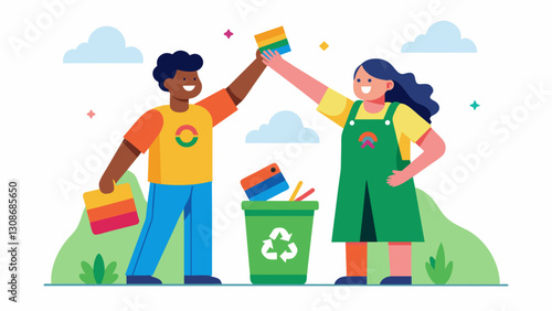 Two neighbors high five proud of themselves for finding creative ways to recycle and repurpose materials found during the cleanup.. Vector illustration