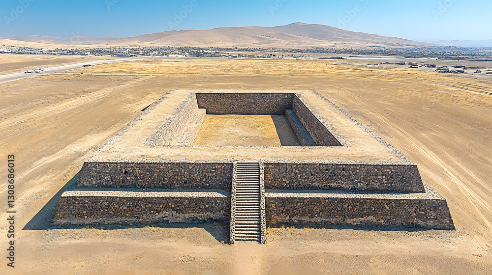 Ancient Wonder: An elevated aerial shot showcases a captivating view of an ancient structure. The square building is a testament to history.