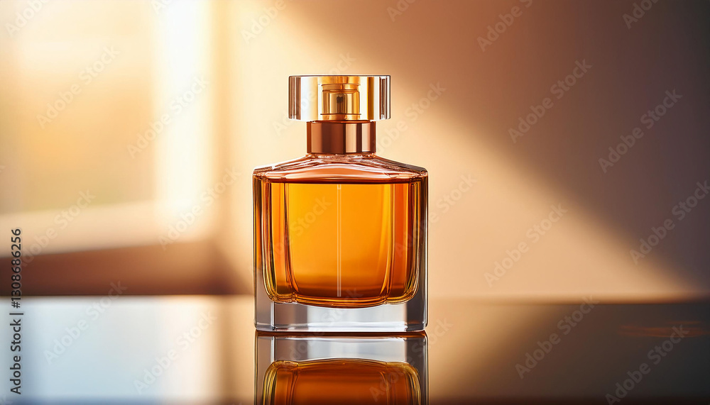 Elegant Blank Perfume Bottle Mockup with Amber Liquid in a Warm Temperature. Perfume with Reflection Background and Natural Daylight. Elegant Blank Perfume Bottle Mockup with Amber Liquid in a Warm Temperature. Perfume with Reflection Background and Natural Daylight.
