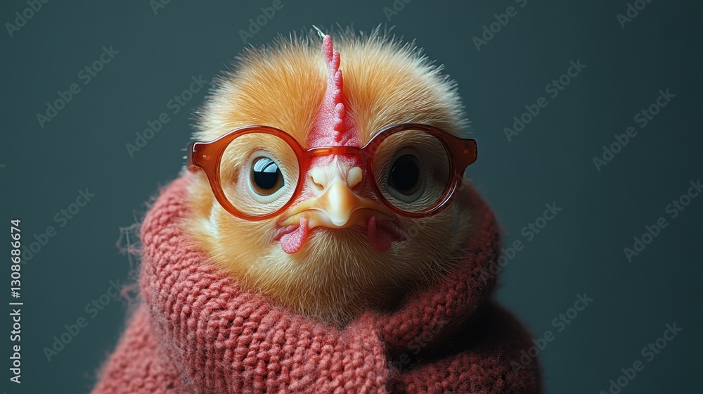 Adorable chick wears glasses and cozy sweater against blue background Adorable chick wears glasses and cozy sweater against blue background
