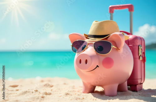 Piggy bank on tropical beach with suitcase, wearing sunglasses and hat under sunlight