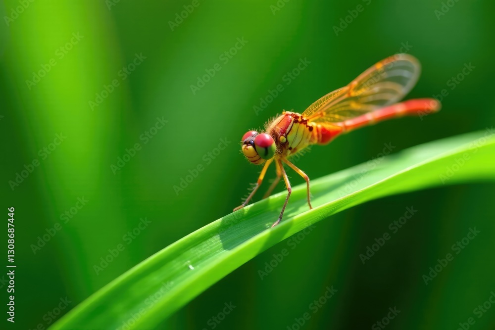 Fototapeta premium Dragonfly on grass blade with green leaves nearby, grass, leaf