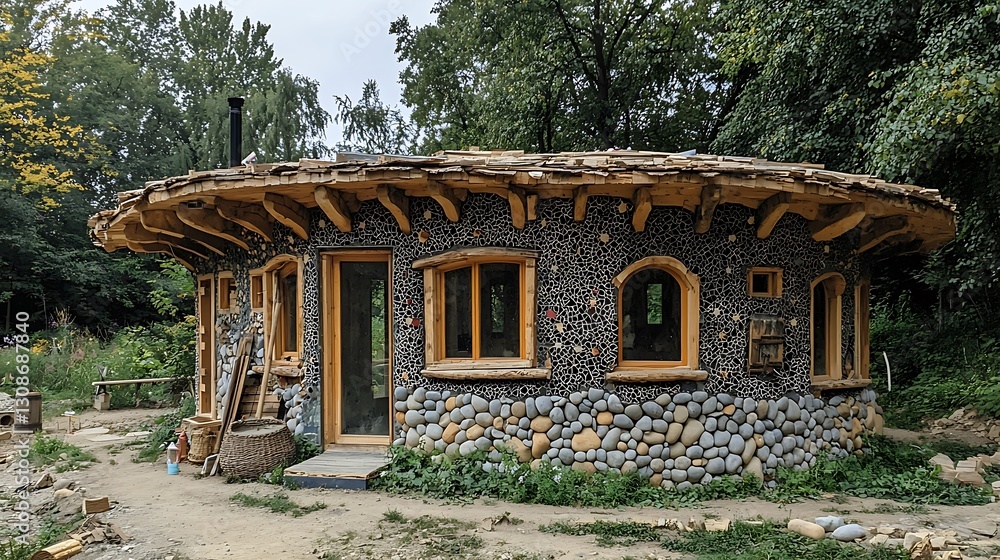 Naklejka premium Unique Round Cob Cottage Stone Wood Exterior Earthen Architecture Rural Setting