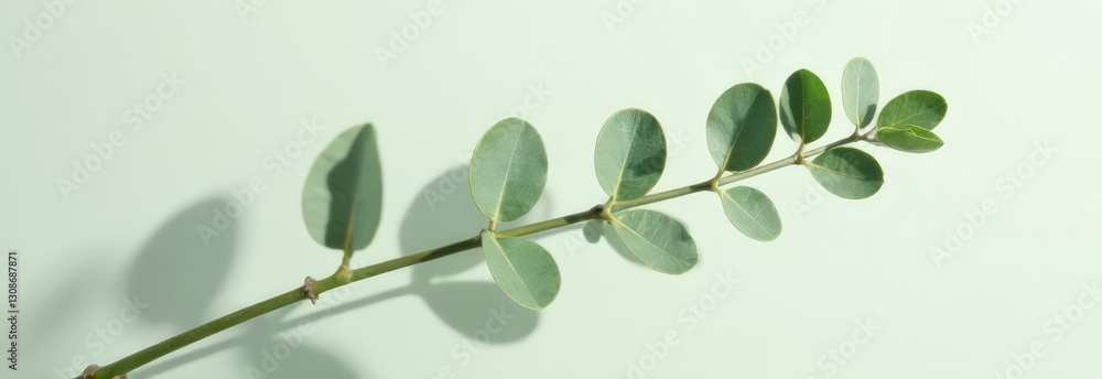 Obraz premium Eucalyptus branch on light green background: minimalist natural aesthetic