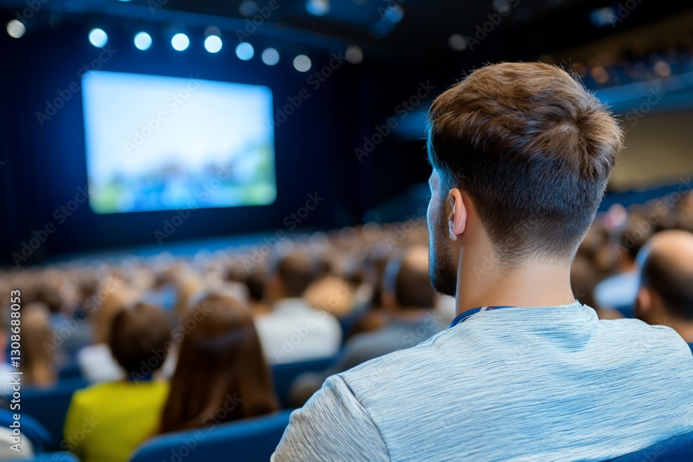 Attentive Man at Business Conference Watching Presentation Large Screen Attentive Man at Business Conference Watching Presentation Large Screen