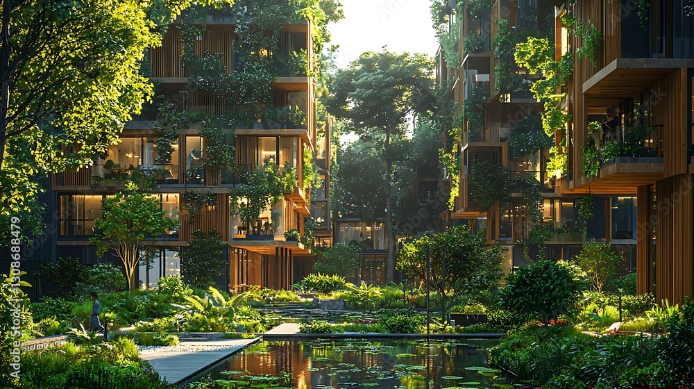 Obraz premium Lush Greenery Envelops Modern Eco Friendly Apartment Buildings Tranquil Courtyard Oasis
