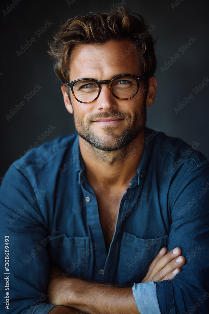 portrait of a handsome man in a blue shirt and glasses, portrait of a handsome man in a blue shirt and glasses,