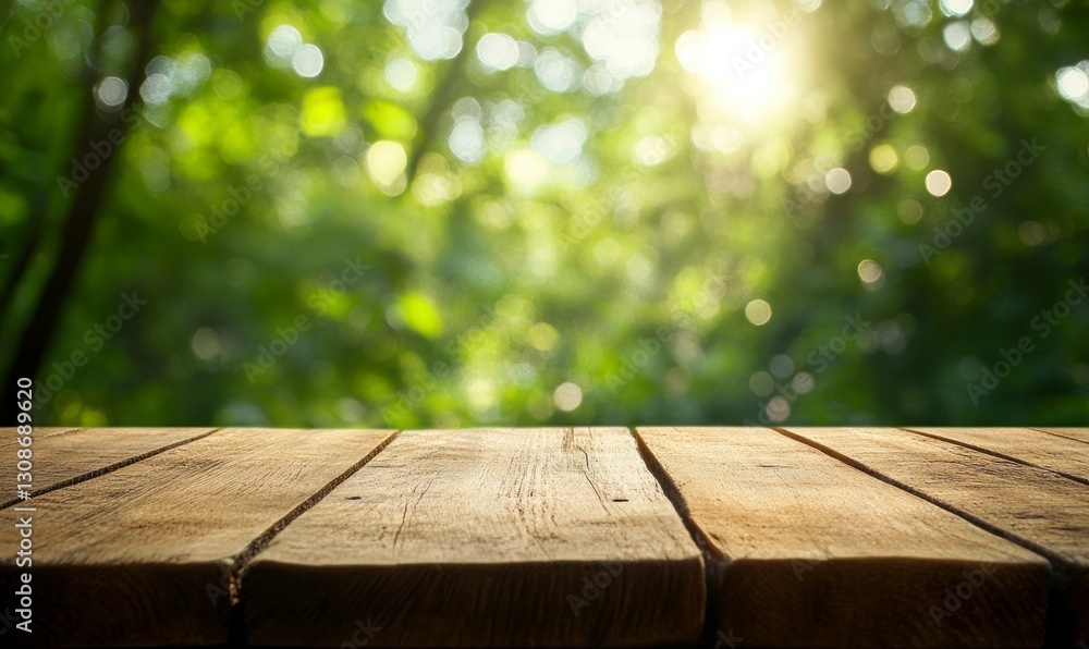 Wooden Table in Nature Setting with Green Forest Background and Sunlight Wooden Table in Nature Setting with Green Forest Background and Sunlight