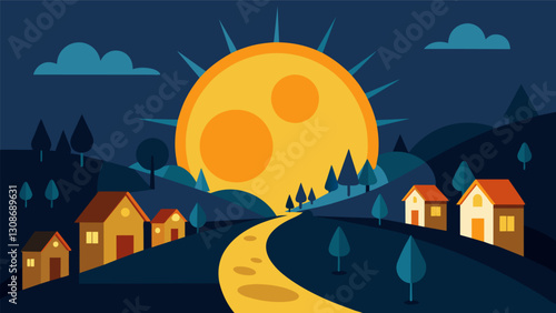 The suns ascent mirrored the villages own journey towards growth and progress as the dark of night faded into a bright new day.. Vector illustration