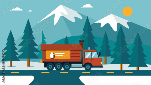 With winter in full force the home heating oil truck braved treacherous roads to bring warmth to a remote cabin in the woods.. Vector illustration