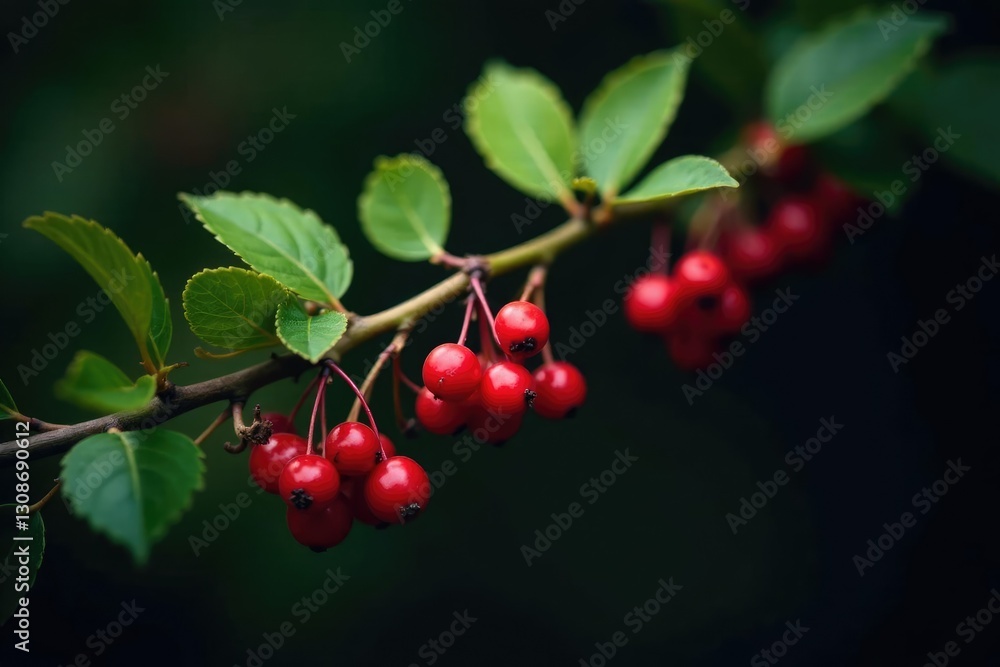 Hawthorn branch with berries on dark background, tree, foliage Hawthorn branch with berries on dark background, tree, foliage