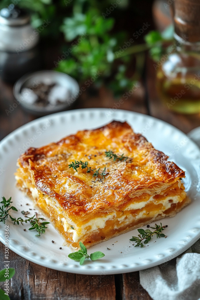 Serving borak - crispy layered pie with cheese and herbs on a white plate Serving borak - crispy layered pie with cheese and herbs on a white plate