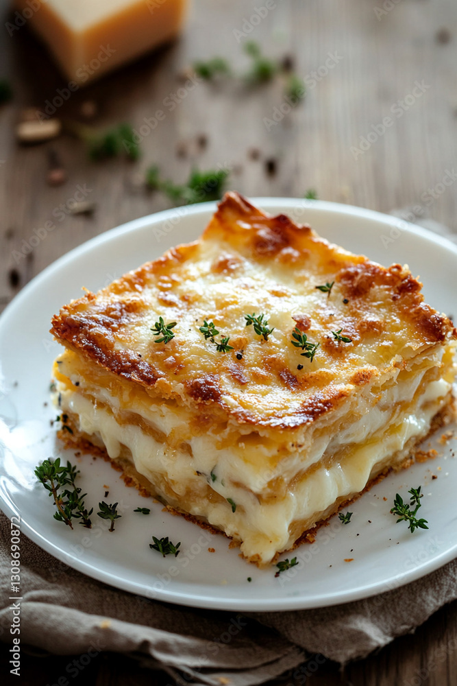 Serving borak - crispy layered pie with cheese and herbs on a white plate Serving borak - crispy layered pie with cheese and herbs on a white plate