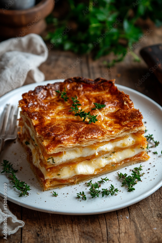 Serving borak - crispy layered pie with cheese and herbs on a white plate Serving borak - crispy layered pie with cheese and herbs on a white plate