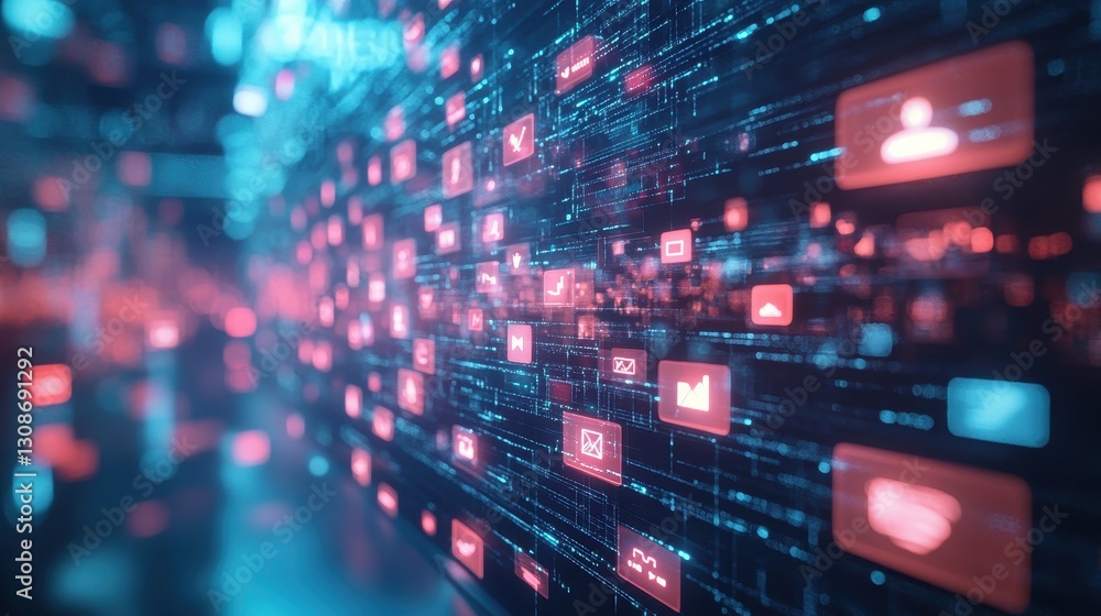 Fototapeta premium Data stream visualization with glowing icons and digital network