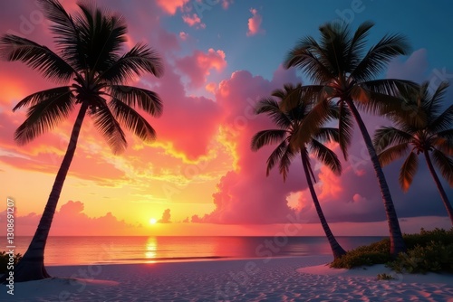 Palm trees stand tall against a fiery orange and pink sunset over Miami Beach's sands , clouds, coastal