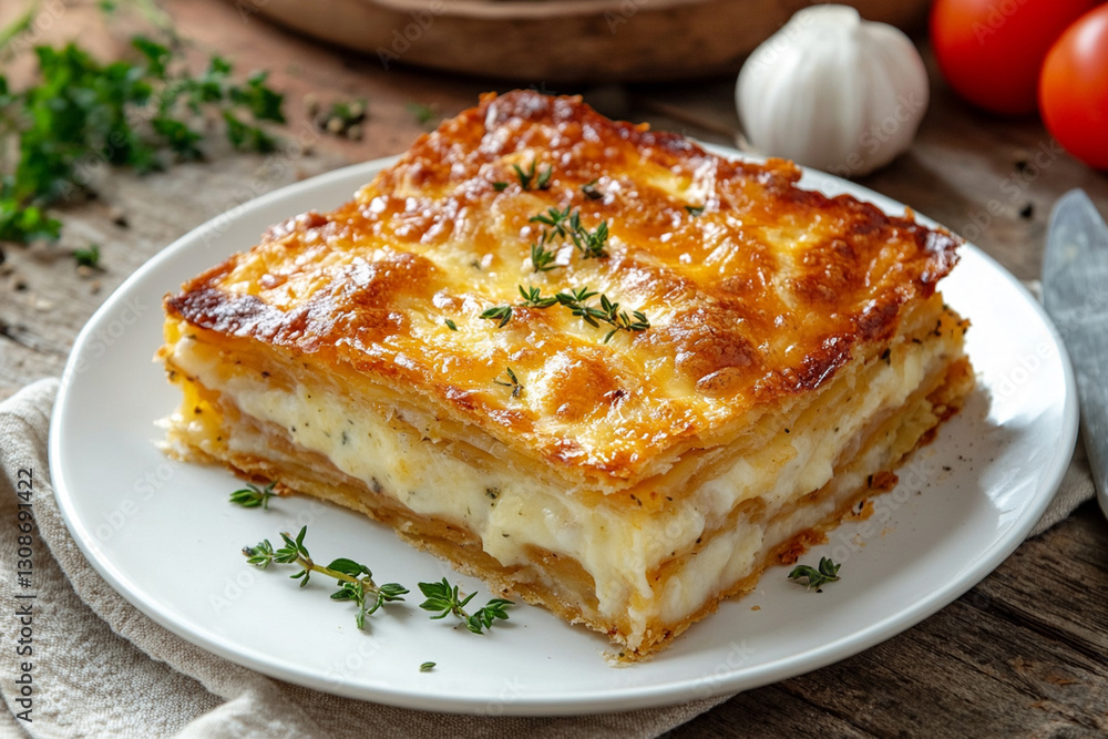 Serving borak - crispy layered pie with cheese and herbs on a white plate Serving borak - crispy layered pie with cheese and herbs on a white plate