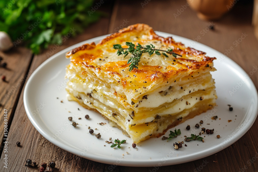 Serving borak - crispy layered pie with cheese and herbs on a white plate Serving borak - crispy layered pie with cheese and herbs on a white plate