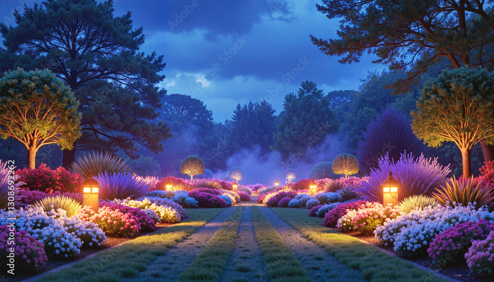 Obraz premium Beautifully illuminated flower garden at night, gardening, floriculture, flower seeds, floristry, gardening,