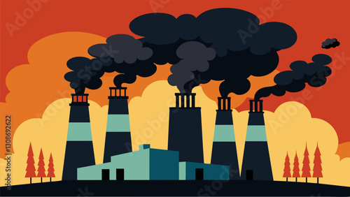 Thick black smoke billows from the incinerator stacks symbolizing the burning of waste.. Vector illustration