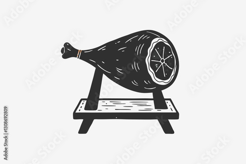 Ham leg on a wooden stand. dry meat, farm food. Jamon on the wooden jamonera. Vector Hand Drawn Illustration Isolated On Transparent Background
