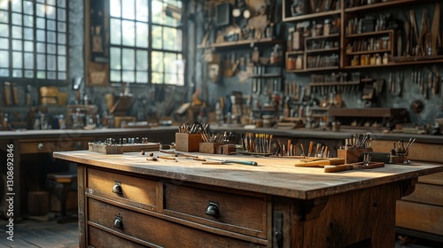 Rustic woodworking workshop with tools and sunlit ambiance